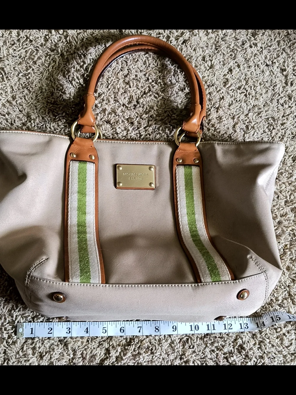 Michael Kors Beige Canvas Tote with Green Stripe and Brown Leather Trim